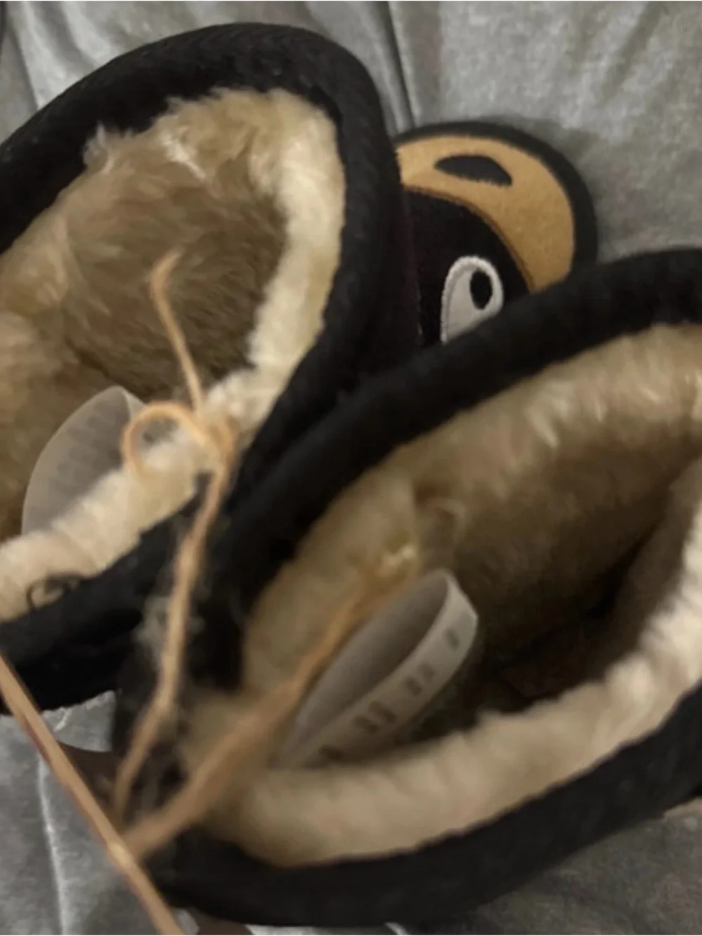 Lazy One Black Plush Boot Slippers with Tan Stitching